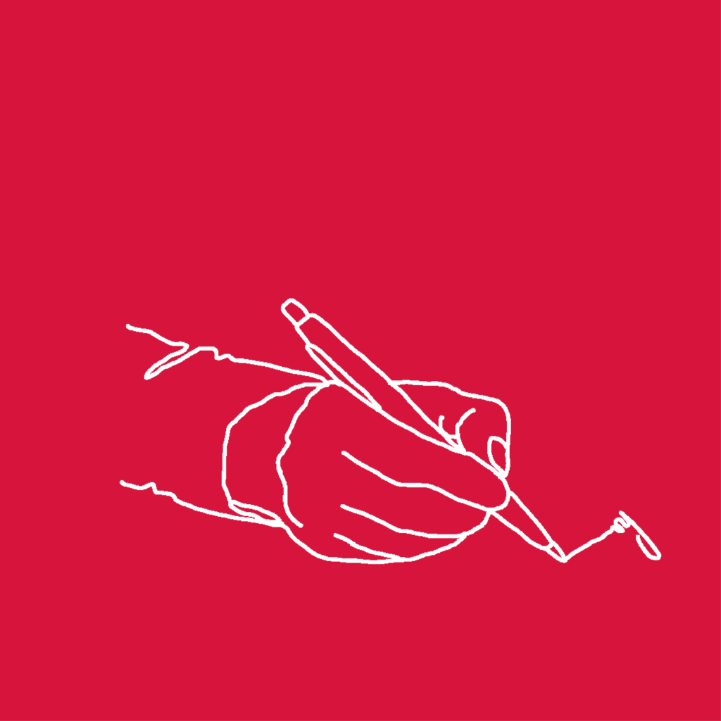 grafika przedstawiająca dłoń trzymającą długopis