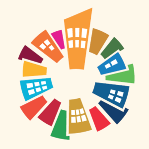 grafika FRL prezentująca narysowane kolorowe budynki ustawione w kręgu w formie zegara